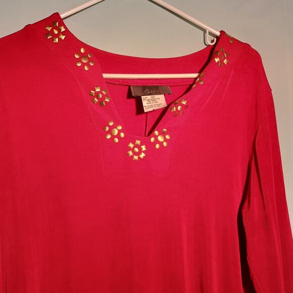 Red Embellished Tunic Top for Women – 3/4 Sleeve Boho Style Blouse - Picture 3 of 5